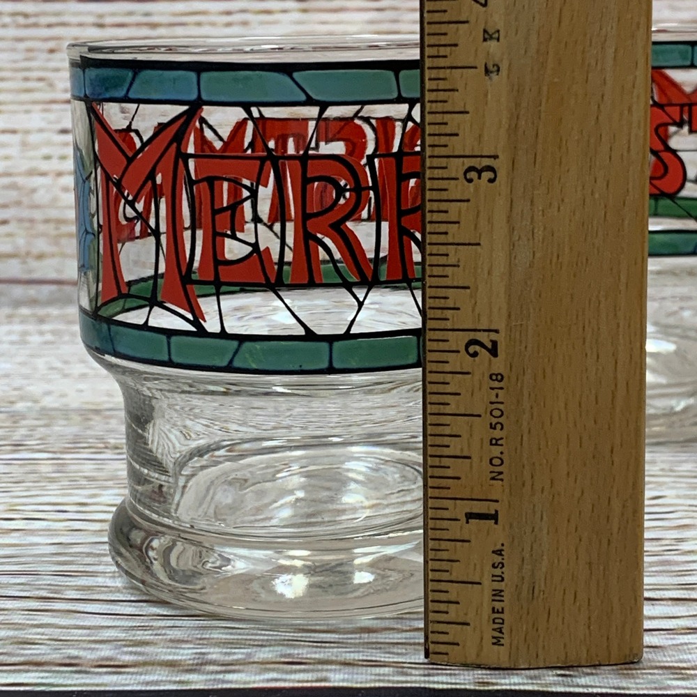 Merry Christmas Drink Glasses Set of 4 Stained Glass Style Holiday Barware - Picture 7 of 8